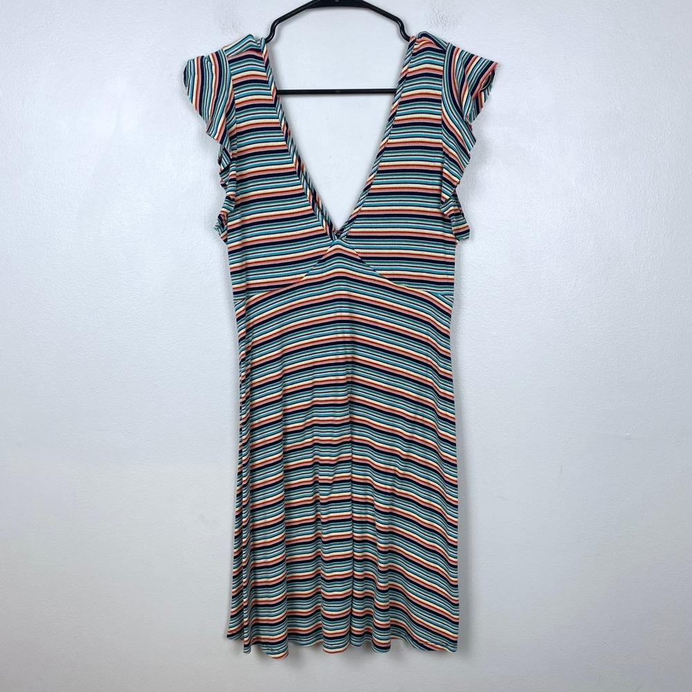 Wild Fable Rainbow Striped Flutter Sleeve Mini Dress V-Neck Retro Vibes Size M